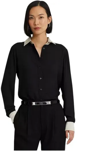 Lauren Ralph Lauren Classic Fit Two-Tone Black and White Silk Shirt size 12P thumbnail 1
