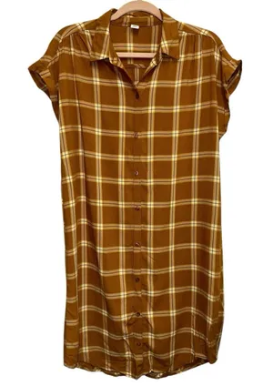 Old Navy Yellow Plaid Shirt Dress Medium Button‎ Front Casual Tunic Dress thumbnail 1