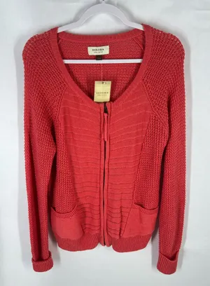 Sonoma Life + Style NWT Coral Open Knit Zip Cardigan Sweater L thumbnail 1
