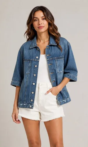 Hudson Emmet Boyfriend Jacket Women Size S Blue Distressed Denim 1/2 Sleeve 90s thumbnail 1