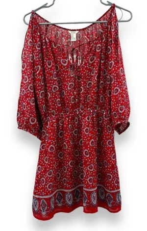 Forever 21 Red‎ & White Paisley Print Cold Shoulder 3/4 Sleeve Mini Dress Sz S thumbnail 1