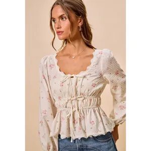 SO ME Floral Clip Dot Lace Trim Ruched Bodice Blouse - White - Medium thumbnail 12