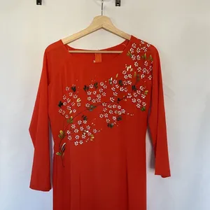 Vintage Floral hand painted Red Maxi Dress‎ Womens XL Long Sleeve high slits thumbnail 2