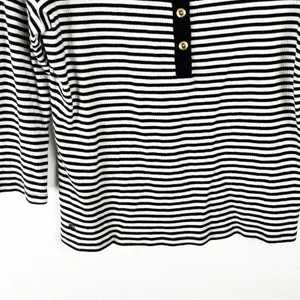 LAUREN RALPH LAUREN Black White Striped Long V-Neck Button Accent Top Large thumbnail 6