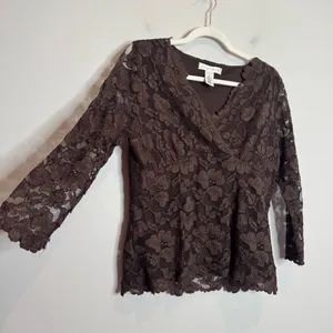 Vintage Y2K Chocolate Brown Lace Babydoll Blouse Large Romantic Whimsigoth Fairy thumbnail 1