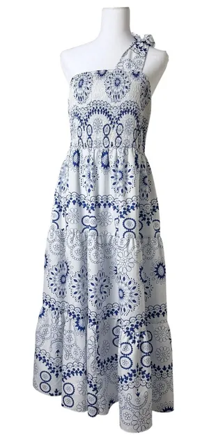 Hapsha Curve Maxi Dress Women 2XL Blue One Shoulder Smocked Tiered Boho Beachy thumbnail 1