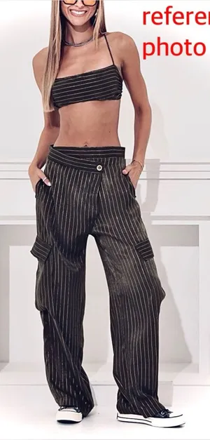 Lucy in the Sky, Navy Blue,Gold Striped Wide Leg Pants Two piece Set Sz S thumbnail 1