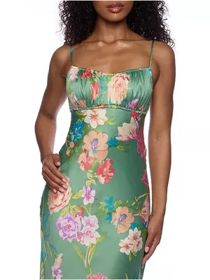 B Darlin Green Floral Satin Slip Midi Dress with Spaghetti Straps thumbnail 4