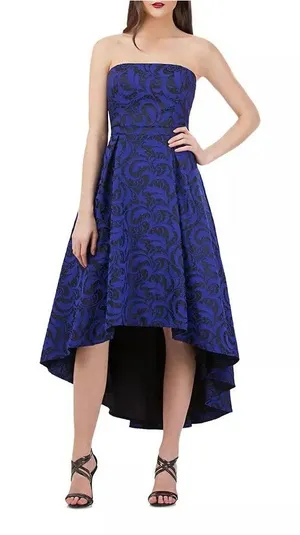 NWT JS Collections Dress Blue Jacquard Hi Low Ballgown Strapless Cocktail Size 8 thumbnail 1