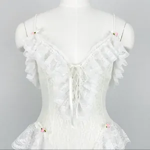 Vintage Ruffled Lace-Up Lace Bodysuit Lingerie in White | Size S thumbnail 3