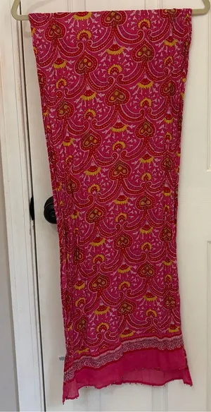 Vibrant Pink, Red, and Yellow Scarf with Glitter and Bead Details thumbnail 1