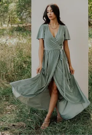 Andi Ribbed Velvet Wrap Dress by Baltic Born in the color Dusty Sage Size M NWOT thumbnail 1