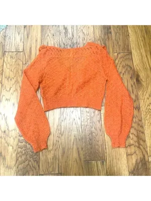 Free People Macaroon Ruffled Neck Mohair Wool Sweater Burnt Orange Ruffle size L thumbnail 9