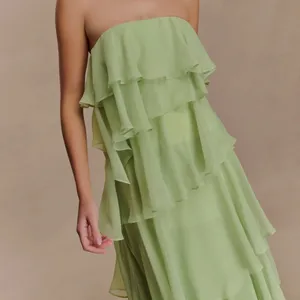 Meshki | NWT Alexa Ruffle Chiffon Strapless Maxi Dress in Pastel Lime | XS thumbnail 3