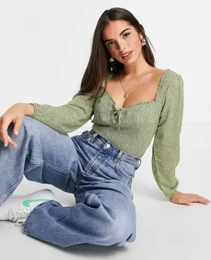 Abercrombie & Fitch Green Floral Smocked Ruffle Tie Blouse Size Large thumbnail 1