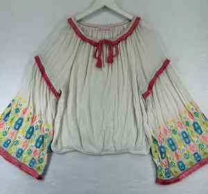Ramy Brook Ivory Embroidered Tassel Tie‎ Neck Bell Sleeve Boho Blouse Medium thumbnail 1
