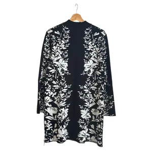 London Times Black White Floral Knit Sweater Dress Mock Neck Bell Sleeve Large thumbnail 4