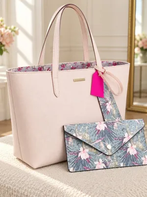 Betsey Johnson Very Light Pink Tote Bag Gray Floral Pouch NWT thumbnail 2