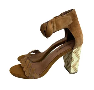 Jeffrey Campbell LIndsay Sandals Suede Camel Block Heel Retro Size 7 Women's thumbnail 1