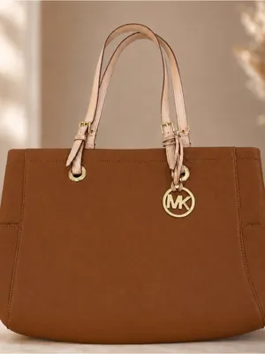 Michael Kors Jet Set Brown/Tan Soft Leather Large Tote Bag Purse W/Logo Charm thumbnail 2