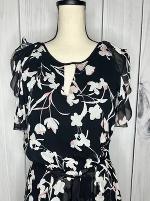 White House | Black Market Sz 8 Chiffon Black Garden Floral Elastic Waist Midi Dress Keyhole Neckline thumbnail 2