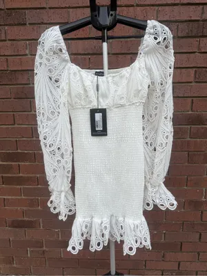 Pretty Little Thing White Lace Sleeve Shirred Bodycon Mini Dress Size 6 New NWT thumbnail 9