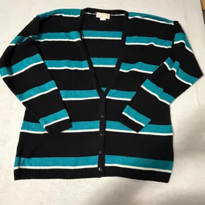 Sophisticates by Pendleton Womens Medium Striped Cotton Cardigan Black Teal USA thumbnail 1