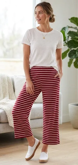 Lake Pajamas Pima Cotton Wide Leg Pajama Lounge Pants Stripe Bordeaux Maroon thumbnail 1