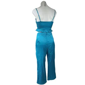 Honey Punch Blue Silky Satin Sleeveless Crop Top & Capri Pants 2 Piece Set XS thumbnail 3