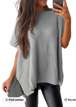 SHEWIN Light Gray Ribbed Knit Poncho Tunic thumbnail 1