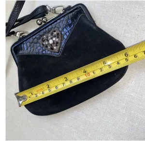 BRIGHTON Mini Purse Bag Rhinestone Heart Black Suede Leather Crossbody thumbnail 7
