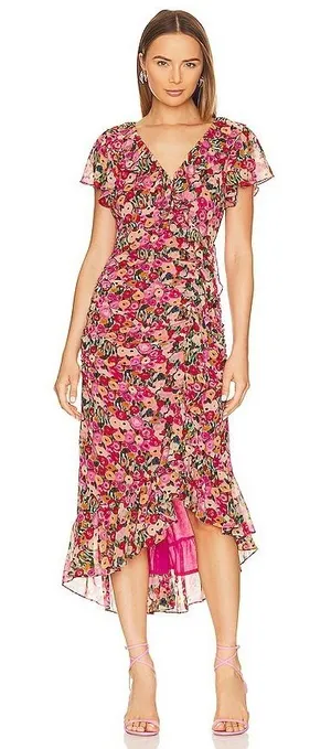 ASTR The Label Vilma Floral Ruched Ruffle Midi Dress‎ Pink Multi Large Preppy thumbnail 1
