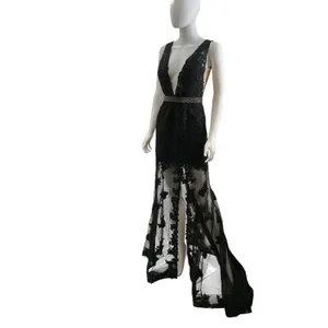 Sherri Hill Black Lace Plunging V-Neck Beaded Waist Formal Gown Dress Size 4 thumbnail 4