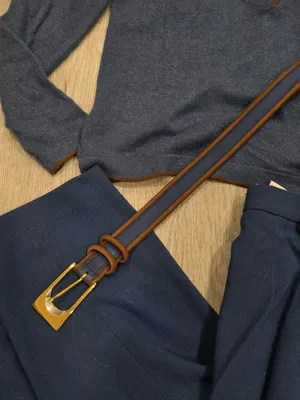 Carlisle Silk Cashmere Button-Up Top Wool Pants & Leather Belt Set Blue & Brown thumbnail 5