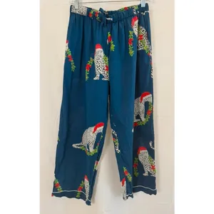 SAATVIK Navy w/White Leopard Pajamas Set Christmas Garland Santa Hat Womens M thumbnail 6