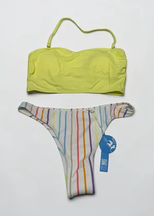 Cupshe Neon Yellow Bandeau Bikini Set White Rainbow Stripe Bottoms‎ Medium NWT thumbnail 1