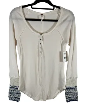 Free People Ivory Combo Henley Thermal Waffle Knit Crochet Cuff Top Large‎ Boho thumbnail 1