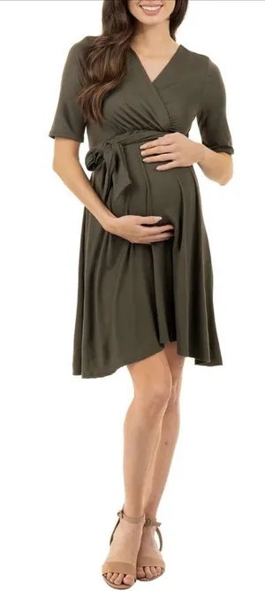 Mother Bee Maternity Knee Length Wrap Dress W/ Adjustable Belt Large thumbnail 1