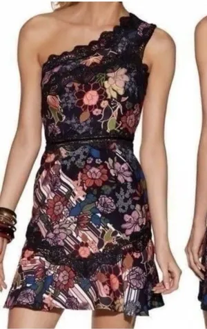 Foxiedox Boston Proper Red Black Lace Floral One Shoulder Mini Dress Size‎ 12 thumbnail 1