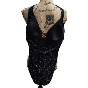 Navy Blue White Polka Dot Halter Neck‎ One Piece Swimsuit Ring Detail thumbnail 2