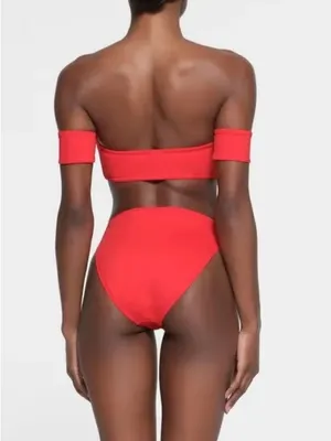 Skims 2Pc SET Twisted Off-Shoulder Bikini Top & Mid Waist Bottoms Ruby Red M thumbnail 2