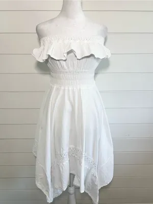 SEASPICE White Off-Shoulder Ruffle Sundress Peruvian‎ Cotton Handkerchief Hem M thumbnail 3