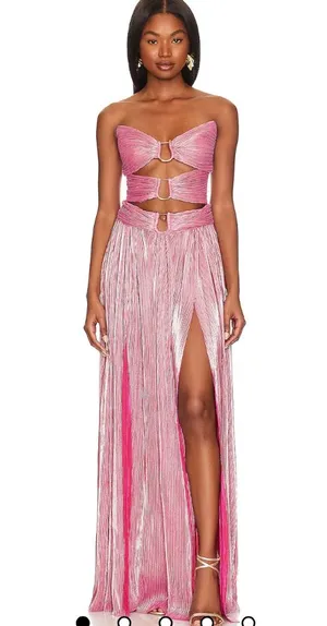 Bronx & Banco Sonny Strapless Cut Out High Slit Maxi Dress Gown in Metallic Rose thumbnail 1