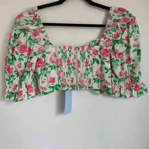 NWT Hill House Home‎ Puff Sleeve Floral Bow Crop Top in White/Pink thumbnail 4