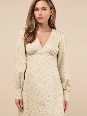 Lulu’s Darling Girl Beige Floral Twill Long Sleeve Mini Dress L thumbnail 3