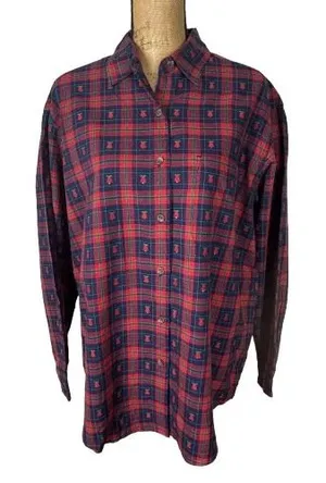 Vintage Cascade Blues Plaid‎ Button Up Shirt Red Blue Bells Teacher Size Medium thumbnail 1
