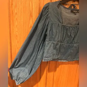 Missguided Tie Front Square Neck Volume Sleeve Denim Crop Top‎ Deep Blue Size 6 thumbnail 9