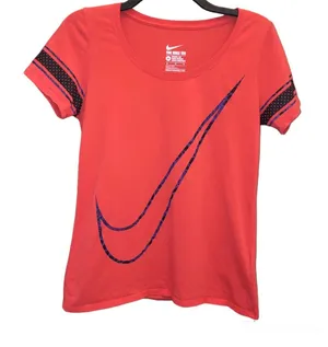 Nike‎ Tee Athletic Cut Swoosh Logo Striped Short Sleeves Orange Purple Medium thumbnail 1