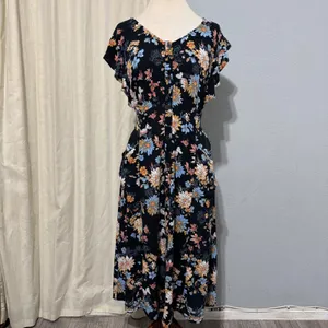 Xhilaration Black Floral Button Front Midi Dress XXL Flutter Sleeve Pockets Boho thumbnail 3