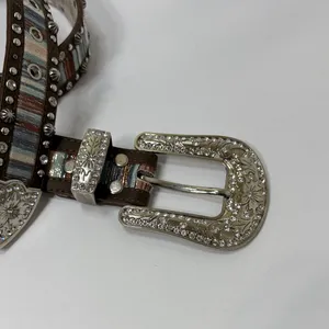 Studded Multicolor Leather Belt with Silver Buckle Brown thumbnail 3